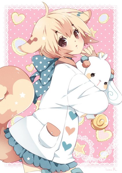 Anime picture 650x922 with original inma r. single tall image looking at viewer blush short hair blonde hair standing holding brown eyes animal ears tail animal tail dog ears dog tail dog girl girl bow animal