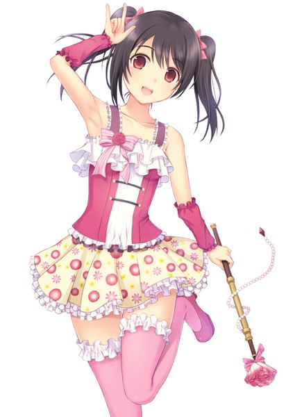 Anime picture 724x1023 with love live! school idol project sunrise (studio) love live! yazawa nico n.g. single long hair tall image looking at viewer blush open mouth black hair red eyes white background twintails mmm girl thighhighs dress bow