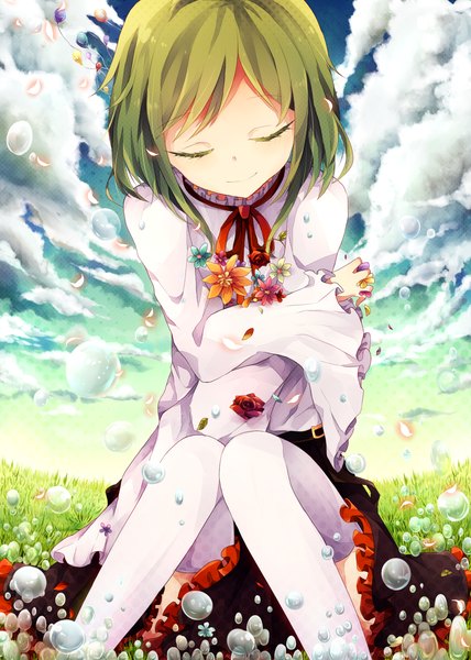 Anime picture 1200x1680 with kagerou project shaft (studio) kido tsubomi nyowaa417 single tall image fringe short hair smile sitting sky cloud (clouds) eyes closed green hair alternate age younger girl thighhighs flower (flowers) petals