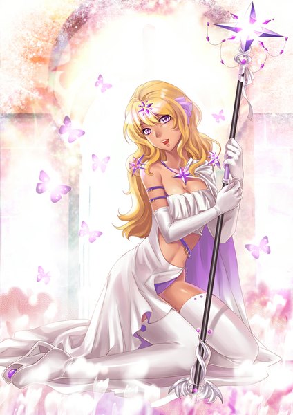 Anime picture 706x1000 with original veggiesexy single long hair tall image looking at viewer open mouth blonde hair purple eyes midriff girl thighhighs dress hair ornament white thighhighs insect butterfly staff
