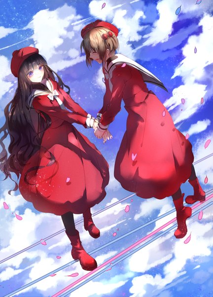 Anime picture 2160x3000 with card captor sakura clamp kinomoto sakura daidouji tomoyo ye (ye999999) long hair tall image blush fringe highres short hair open mouth black hair brown hair purple eyes multiple girls sky cloud (clouds) ahoge holding hands