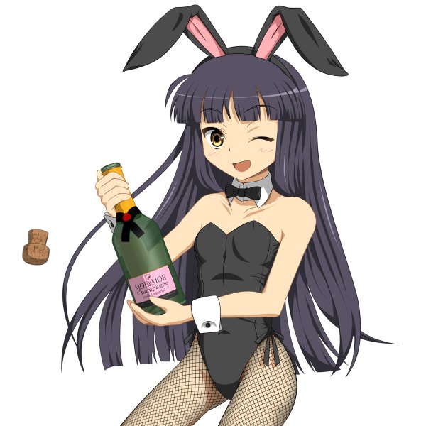 Anime picture 1200x1200 with original mugenki single long hair black hair simple background white background animal ears yellow eyes one eye closed wink bunny ears bunny girl girl pantyhose wrist cuffs bunnysuit bottle fishnet pantyhose
