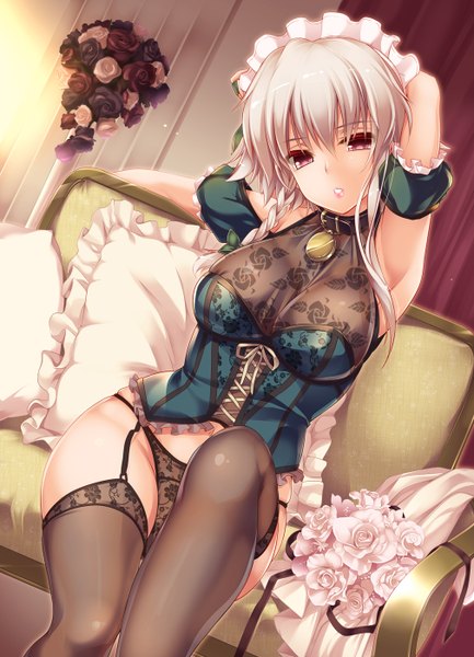 Anime picture 1010x1400 with touhou izayoi sakuya moneti (daifuku) single tall image looking at viewer fringe short hair breasts light erotic large breasts sitting silver hair pink eyes armpit (armpits) alternate costume arm behind head girl thighhighs underwear