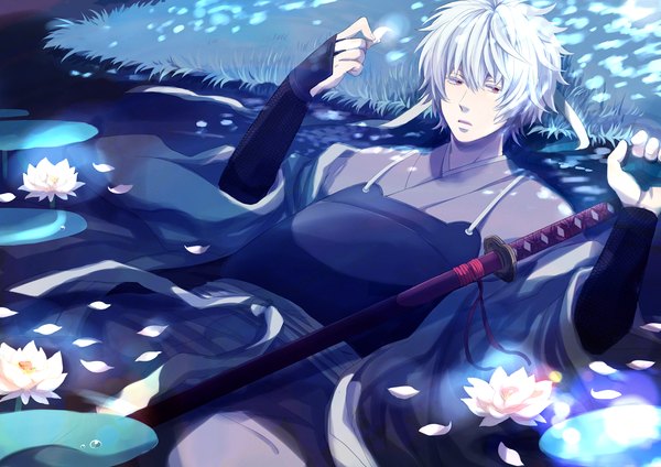 Anime picture 1500x1061 with gintama sunrise (studio) sakata gintoki 50en (artist) short hair white hair ophelia's pose boy weapon petals water armor water lily