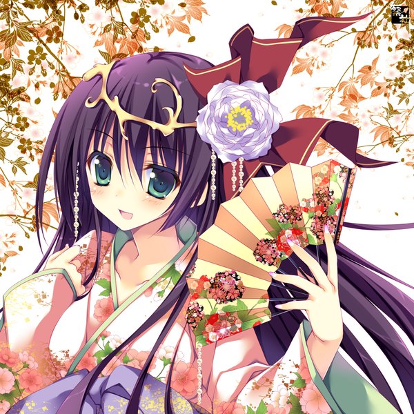 Anime picture 2100x2100 with original nanaroba hana single long hair looking at viewer blush fringe highres open mouth black hair hair between eyes holding green eyes upper body japanese clothes hair flower happy girl flower (flowers) kimono