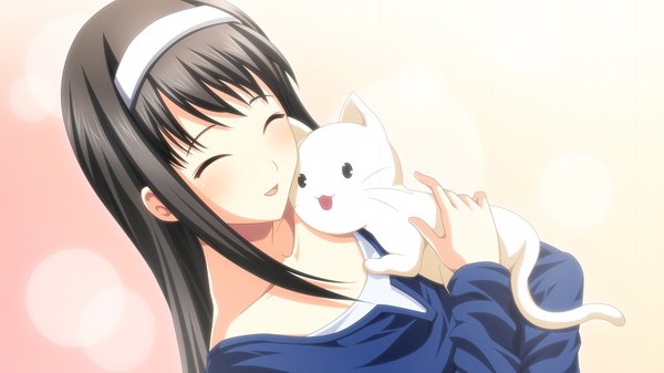 Anime picture 1024x576 with uni. special limited edition (game) long hair black hair smile wide image game cg eyes closed girl cat