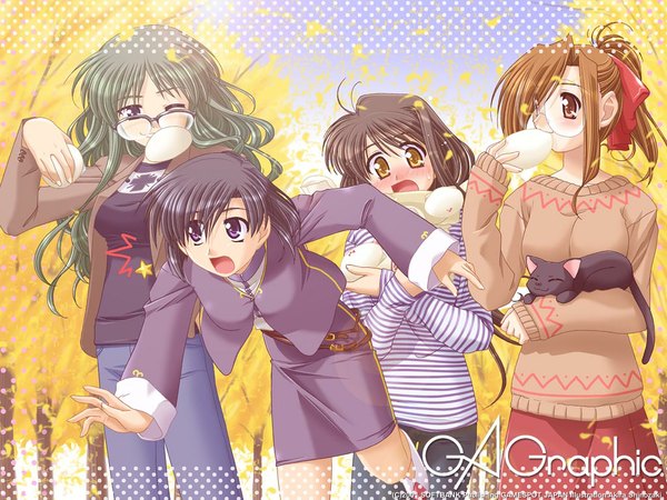 Anime picture 1024x768 with gagraphic shinozaki akira long hair short hair open mouth brown hair standing purple eyes multiple girls holding signed yellow eyes purple hair outdoors long sleeves one eye closed copyright name sleeves past wrists eating autumn