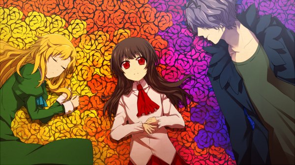 Anime picture 1200x674 with ib (game) pixiv garry (ib) ib (ib) mary (ib) nitaka (fujikichi) long hair short hair blonde hair red eyes brown hair wide image multiple girls purple hair eyes closed sleeping girl dress boy flower (flowers)