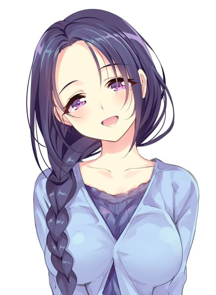 Anime picture 658x897 with original senri gan single long hair tall image looking at viewer blush breasts open mouth simple background smile large breasts white background purple eyes purple hair upper body braid (braids) head tilt :d mole