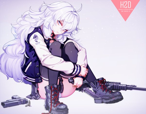 Anime picture 1892x1478 with original hwansang single long hair looking at viewer fringe highres light erotic simple background hair between eyes sitting signed silver hair full body ahoge grey background open jacket pantyshot pantyshot sitting lacing
