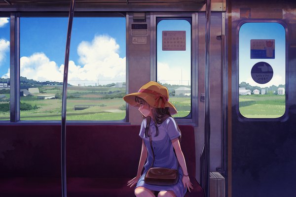 Anime picture 3000x2000 with original suzuhara cm single long hair fringe highres black hair sitting looking away sky cloud (clouds) profile arm support turning head horizon landscape scenic summer train interior village