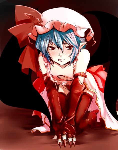 Anime picture 1100x1400 with touhou remilia scarlet dearmybrothers single tall image blush short hair red eyes looking away nail polish fingernails pointy ears aqua hair kneeling long fingernails bat wings girl thighhighs gloves bow