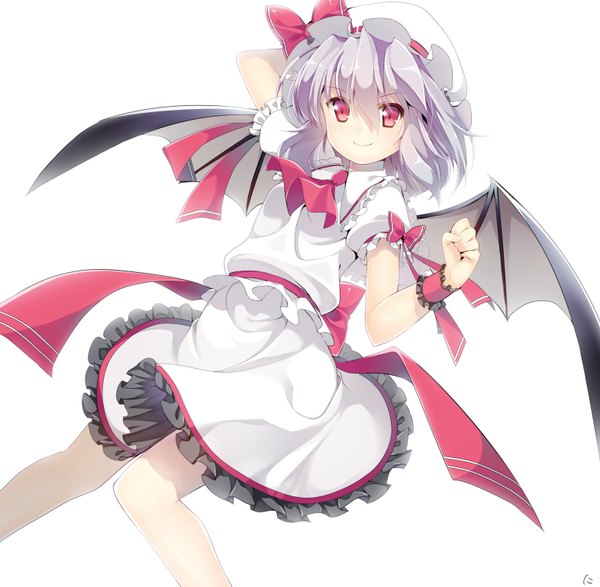 Anime picture 1572x1540 with touhou remilia scarlet niwashi (yuyu) single looking at viewer short hair simple background smile red eyes white background silver hair girl dress skirt bow wings frills bowtie bonnet skirt set
