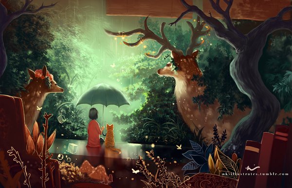 Anime picture 900x582 with original jon-lock (artist) short hair black hair sitting holding signed horn (horns) rain shared umbrella girl flower (flowers) plant (plants) animal water book (books) leaf (leaves) umbrella cat cube