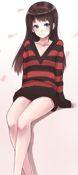 Anime picture 420x935 with original purea single long hair tall image blush fringe blue eyes black hair white background sitting looking away cleavage light smile arm support crossed legs striped girl headband sweater dress