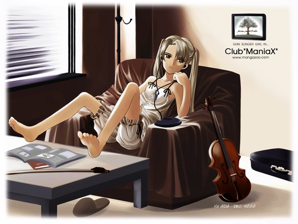 Anime picture 1600x1200 with gunslinger girl madhouse club maniax triela aida yuu single long hair fringe twintails brown eyes looking away full body indoors barefoot grey hair hair over one eye soles shoes removed girl shoes