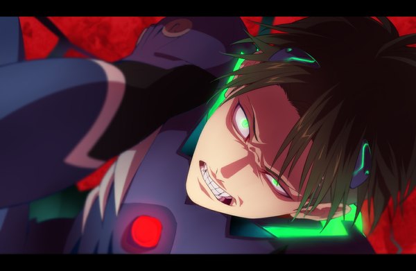 Anime picture 1180x769 with neon genesis evangelion rebuild of evangelion evangelion: 2.0 you can (not) advance gainax ikari shinji mocchiri oyaji single short hair brown hair green eyes teeth glowing glowing eye (eyes) sharp teeth boy bodysuit pilot suit