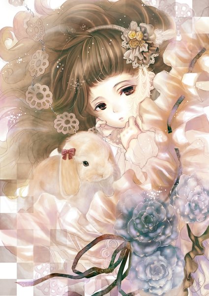 Anime picture 724x1023 with original okuma mai single long hair tall image looking at viewer brown hair brown eyes girl dress hair ornament flower (flowers) animal bunny