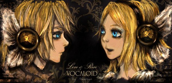 Anime picture 3281x1593 with vocaloid kagamine rin kagamine len dziu09 highres short hair open mouth blue eyes blonde hair wide image profile inscription twins girl boy headphones