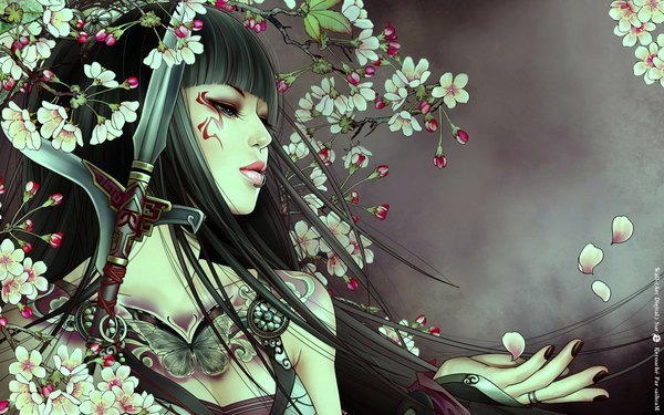 Anime picture 1920x1200 with jianxia qingyuan 3 zhang xiao bai single long hair highres blue eyes black hair wide image lips realistic tattoo piercing cherry blossoms eyeshadow lip piercing girl weapon petals sword insect