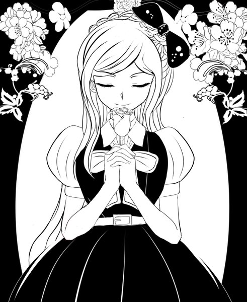 Anime picture 1280x1564 with dangan ronpa super dangan ronpa 2 sonia nevermind single long hair tall image fringe smile white hair eyes closed light smile short sleeves puffy sleeves girl dress flower (flowers) bow hair bow belt bowtie