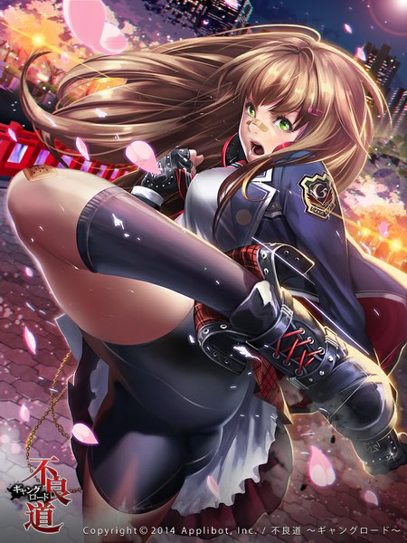 Anime picture 750x1000 with original ukero single long hair tall image looking at viewer breasts open mouth light erotic brown hair standing green eyes wind open clothes open jacket cherry blossoms city cityscape lacing city lights