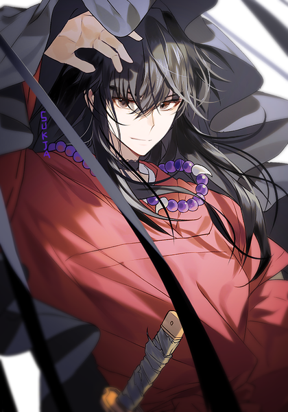 Anime picture 700x1000 with inuyasha inuyasha (character) inuyasha (human form) sorolp single long hair tall image looking at viewer fringe black hair hair between eyes signed traditional clothes arm up black eyes boy weapon sword katana beads