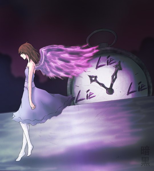 Anime picture 1800x2000 with original ankoku-hime single long hair tall image highres brown hair bare shoulders brown eyes girl dress wings clock pocket watch