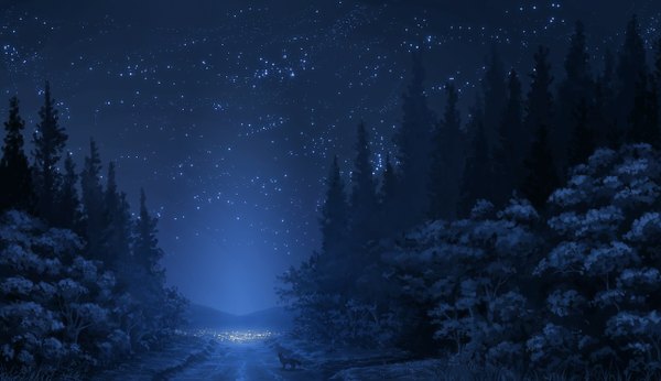 Anime picture 1280x739 with original houkou i naka wide image night night sky landscape lake plant (plants) animal tree (trees) star (stars) forest road wolf