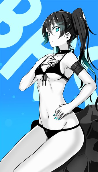 Anime picture 600x1050 with black rock shooter black rock shooter (character) koko shiguma single long hair tall image looking at viewer blue eyes light erotic black hair simple background sitting twintails inscription midriff hand on hip hand on chest blue background girl navel