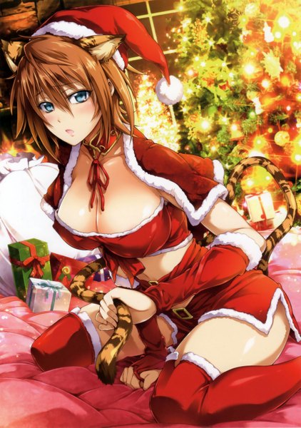 Anime picture 3900x5540 with omega 2-d single tall image looking at viewer blush highres short hair breasts open mouth blue eyes light erotic brown hair large breasts sitting animal ears absurdres cleavage tail animal tail fur trim