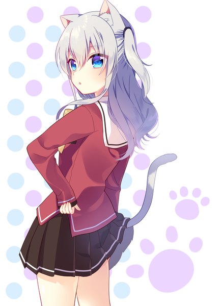 Anime picture 1600x2200 with charlotte p.a. works tomori nao mafuyu (chibi21) single long hair tall image blush fringe blue eyes simple background hair between eyes white background holding animal ears looking away silver hair tail parted lips animal tail
