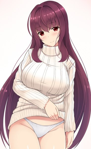 Anime picture 1000x1627 with fate (series) fate/grand order scathach (fate) (all) scathach (fate) mizunashi kenichi single long hair tall image looking at viewer blush breasts light erotic smile red eyes large breasts purple hair girl underwear panties white panties