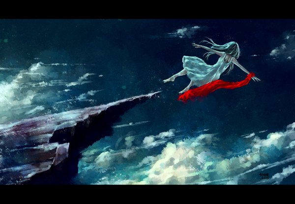 Anime picture 1300x900 with original nanfe single long hair black hair signed sky cloud (clouds) letterboxed rock falling girl dress scarf sundress