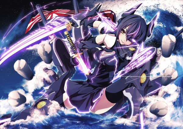 Anime picture 1476x1039 with kantai collection tenryuu light cruiser merontomari short hair black hair yellow eyes girl thighhighs dress hair ornament weapon black thighhighs sword katana eyepatch flag