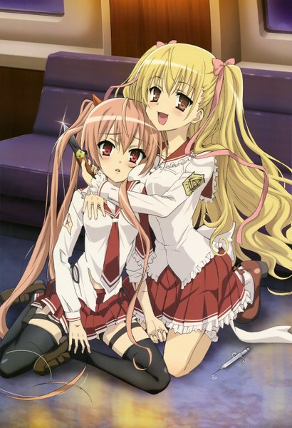 Anime picture 4086x5975 with hidan no aria nyantype kanzaki h aria mine riko imoto yuki long hair tall image highres open mouth blonde hair red eyes twintails multiple girls brown eyes pink hair absurdres official art hug girl thighhighs
