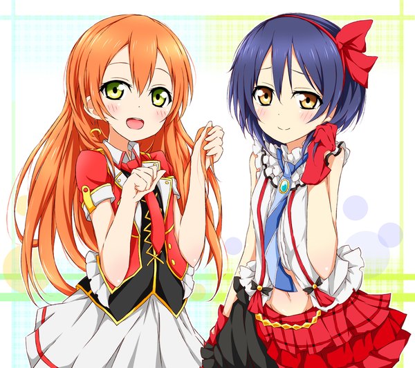 Anime picture 900x800 with love live! school idol project sunrise (studio) love live! sonoda umi hoshizora rin karamoneeze long hair blush short hair open mouth smile bare shoulders multiple girls green eyes yellow eyes purple hair orange hair girl skirt gloves