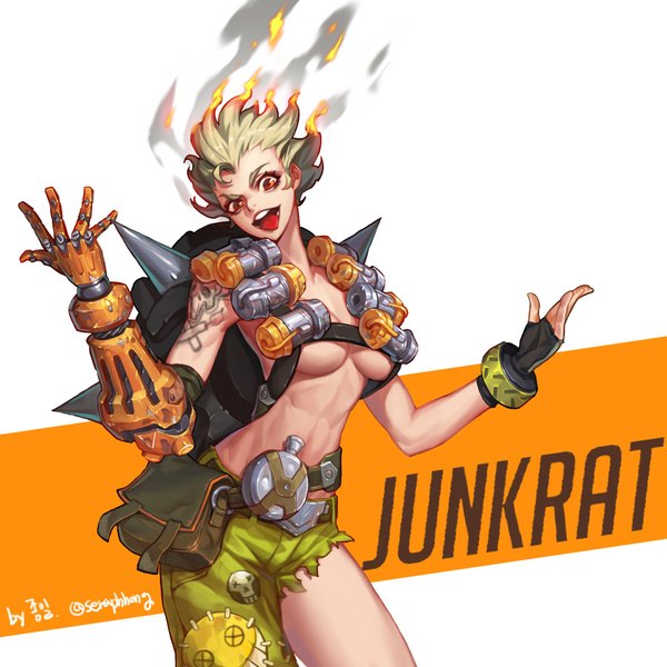 Anime picture 1776x1776 with overwatch blizzard entertainment junkrat (overwatch) seraph hong single highres short hair breasts open mouth light erotic blonde hair red eyes white background signed no bra teeth tattoo character names torn clothes underboob