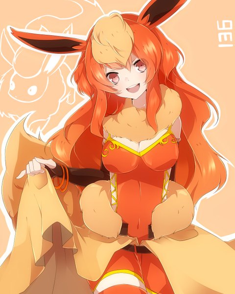 Anime picture 1200x1500 with pokemon moemon nintendo flareon takeshima eku single long hair tall image looking at viewer open mouth red eyes animal ears tail animal tail multicolored hair orange hair two-tone hair orange background gen 1 pokemon pokemon number