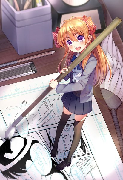 Anime picture 800x1163 with gekkan shoujo nozaki-kun doga kobo sakura chiyo bison cangshu single long hair tall image looking at viewer blush open mouth purple eyes orange hair happy minigirl girl thighhighs skirt uniform bow black thighhighs