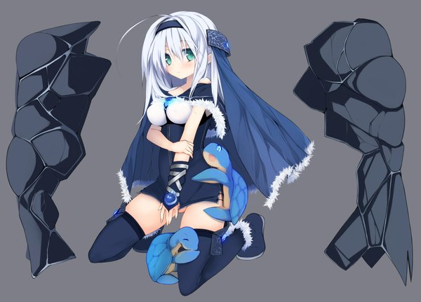 Anime picture 2040x1466 with original denpaken pochi long hair looking at viewer blush highres blue eyes simple background white hair girl thighhighs dress black thighhighs hairband turtle