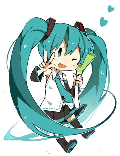 Anime picture 1078x1405 with vocaloid hatsune miku fuuko (2679566944) single tall image looking at viewer open mouth simple background white background twintails very long hair one eye closed aqua eyes wink aqua hair teeth fang (fangs) victory chibi girl