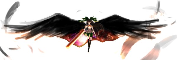 Anime picture 5905x2000 with touhou reiuji utsuho hosimo (artist) single long hair highres black hair wide image black eyes space starry sky print arm cannon space print girl thighhighs skirt bow weapon black thighhighs hair bow