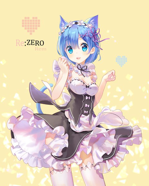 Anime picture 799x995 with re:zero kara hajimeru isekai seikatsu white fox rem (re:zero) mintchoco (orange shabette) single tall image looking at viewer fringe short hair open mouth smile hair between eyes standing animal ears blue hair cleavage tail :d animal tail cat ears