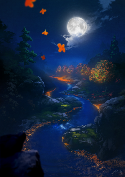 Anime picture 707x1000 with original mocha (cotton) tall image signed sky cloud (clouds) night night sky landscape scenic river plant (plants) tree (trees) insect moon full moon forest