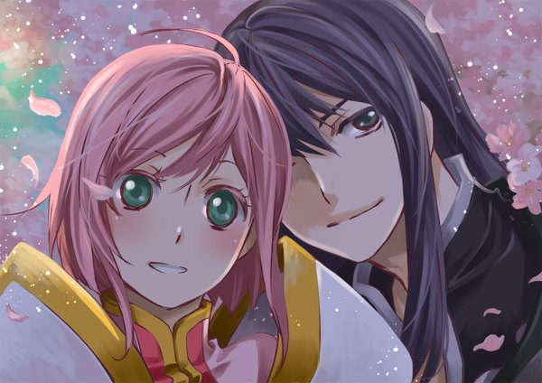 Anime picture 1414x1000 with tales of (series) tales of vesperia yuri lowell estellise sidos heurassein long hair smile pink hair purple hair aqua eyes close-up girl boy flower (flowers) petals