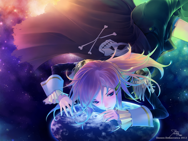 Anime picture 1600x1200 with miniskirt pirates katou marika shounen democratica single long hair blue eyes brown hair looking away space girl hair ornament hairclip cape earth