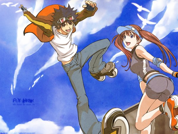 Anime picture 1600x1200 with air gear toei animation minami itsuki noyamano ringo twintails sky cloud (clouds) couple glasses rollerblades