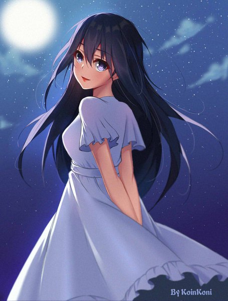 Anime picture 813x1073 with original qingchen single long hair tall image looking at viewer fringe black hair smile hair between eyes purple eyes signed looking back night short sleeves night sky lipstick watermark hands behind back red lipstick