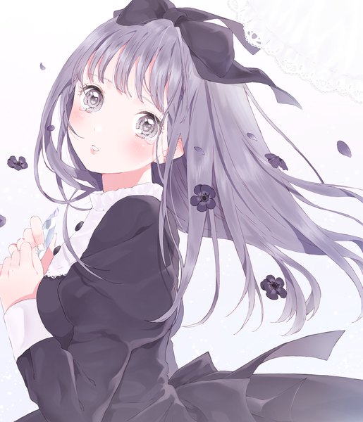 Anime picture 1496x1741 with original shizuko (chipccchip) single long hair tall image looking at viewer blush fringe simple background white background purple eyes holding purple hair long sleeves parted lips head tilt wind puffy sleeves lipstick tears